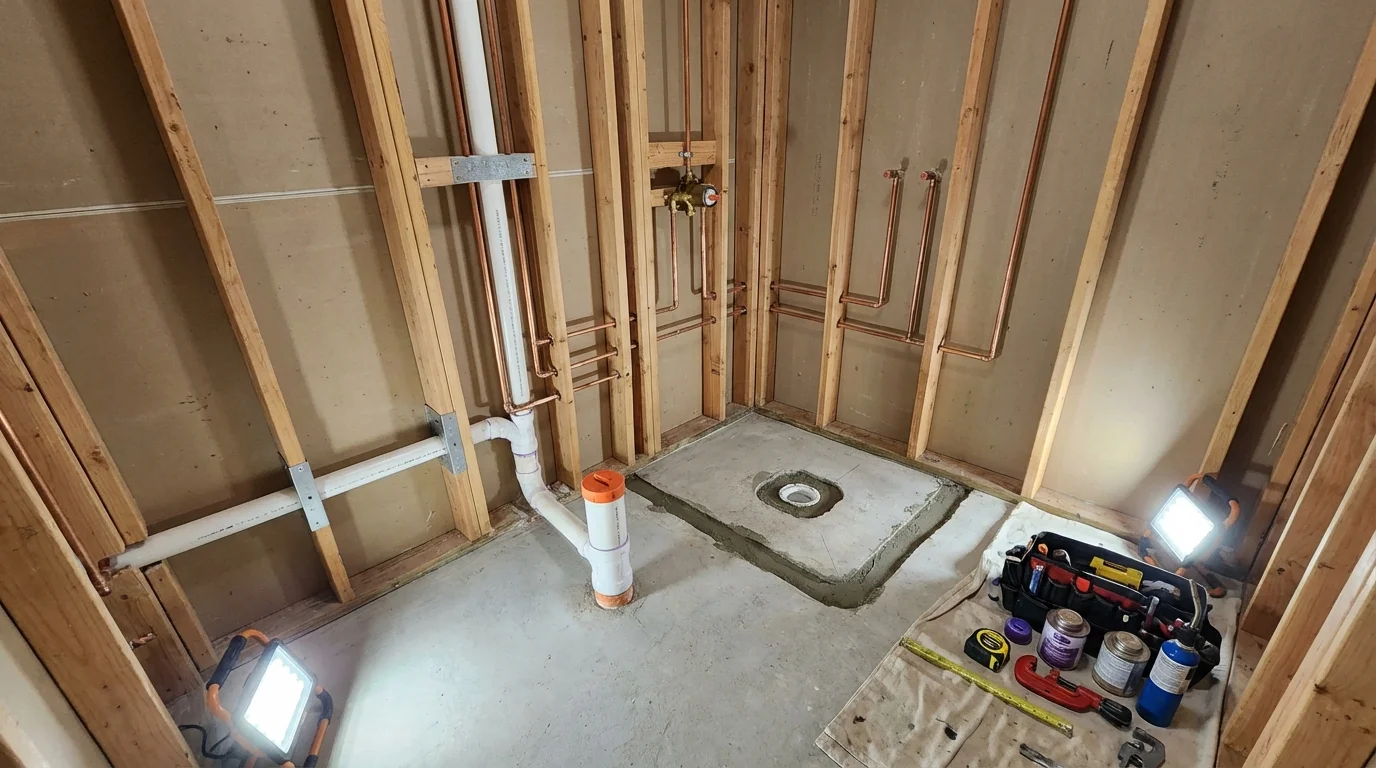 Bathroom rough-in plumbing during remodel by Johns Plumbing LLC in Charenton