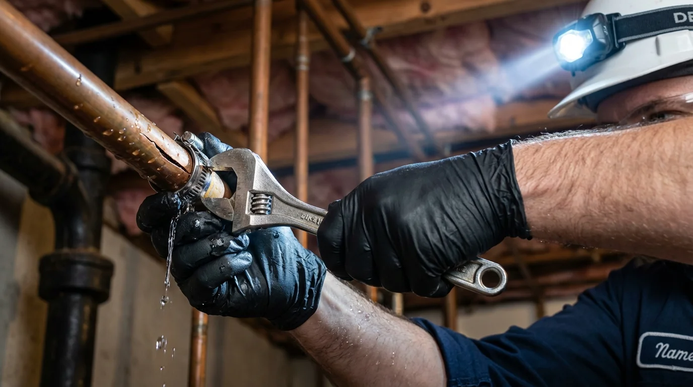 Emergency pipe clamp repair being performed by a Johns Plumbing LLC plumber in Charenton