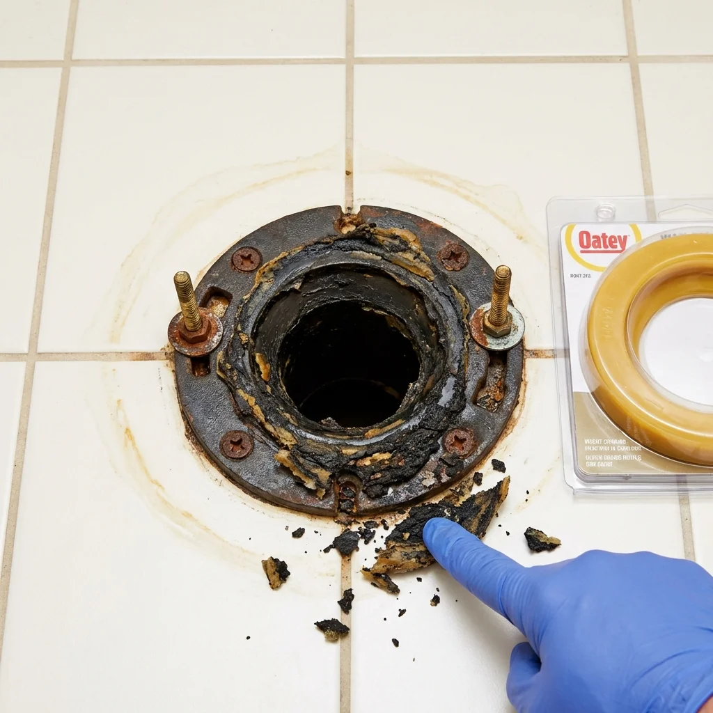 Failed wax ring showing water seepage at the base of a toilet in a Charenton, LA home