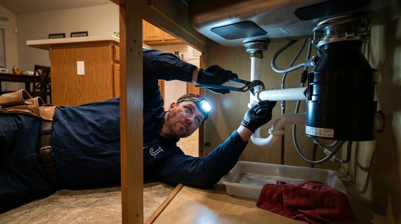 P-trap and supply line connections under a kitchen sink showing a common leak point in Charenton, LA